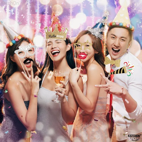 Vista 9 de Katchon, Accesorios para cabina de fotos de Año Nuevo con purpurina – Paquete de 35 Accesorios de cabina de fotos NYE para suministros de fiesta