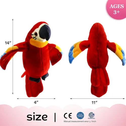 Vista 5 de Houwsbaby Loro Parlante de Peluche Rojo de 9'' Compañero que Repite Lo Que Dices con Grabación, Animal de Peluche Guacamayo Electrónico Interactivo