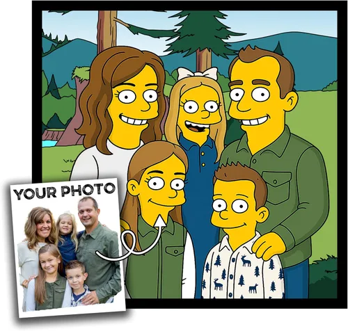 Vista 13 de Retrato personalizado estilo Los Simpsons de dibujo animado a partir de tu foto – Medio cuerpo – Prueba en 24 horas – Póster impreso o lienzo