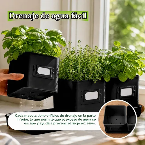 Vista 4 de volila - Juego de 3 macetas para hierbas de interior, color negro, con bandeja con asa de cuero - Estante de plantas para alféizar de ventana