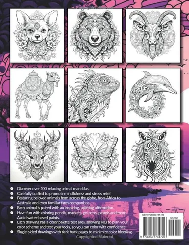 Vista 2 de Stress Relief Animal Mandalas Coloring for Wellness and Mindfulness with 100+ Drawings