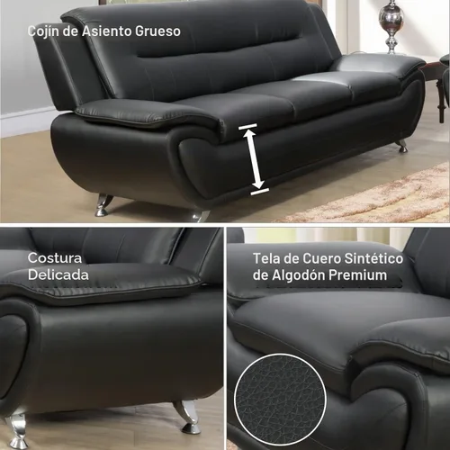 Vista 4 de Juego de sofá de 3 piezas para sala de estar, juego de sofá biplaza de piel sintética, estilo moderno, para sala de estar, apartamento, oficina Negro