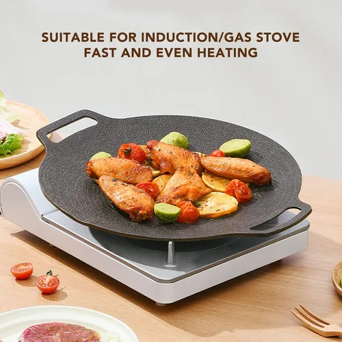 Vista 5 de Sartén coreana, sartén redonda antiadherente para barbacoa con asas dobles, conductividad térmica rápida, soporte estable, adecuada para estufa