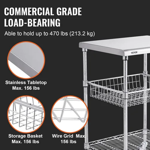 Vista 3 de VEVOR Carrito Utilitario de Cocina, 36.6"x20"x24" Carrito Rodante de Alambre de 3 Niveles, Carrito de Servicio de Acero con Capacidad de 470LBS