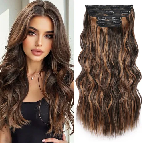 Vista 19 de Extensiones de cabello rubio con clip, de 22 pulgadas, extensiones de cabello largo y rizado con clip, 4 unidades, extensiones de cabello sintético