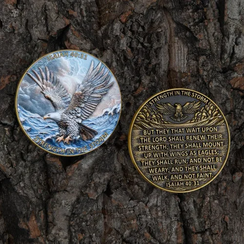 Vista 8 de Moneda de desafío de águila 3D de doble cara de aleación de zinc de 1.57 pulgadas, diseño inspirador colorido con Isaías 40:31, tema de fuerza