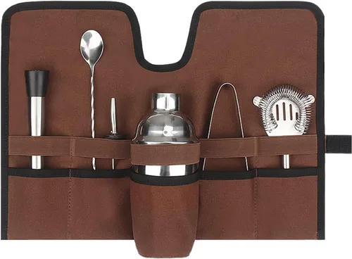 Vista 8 de Kit de viaje de barman de lona, correa de rollo profesional para camarero, juego de cóctel, herramientas de bar, bolsa de transporte (negro)