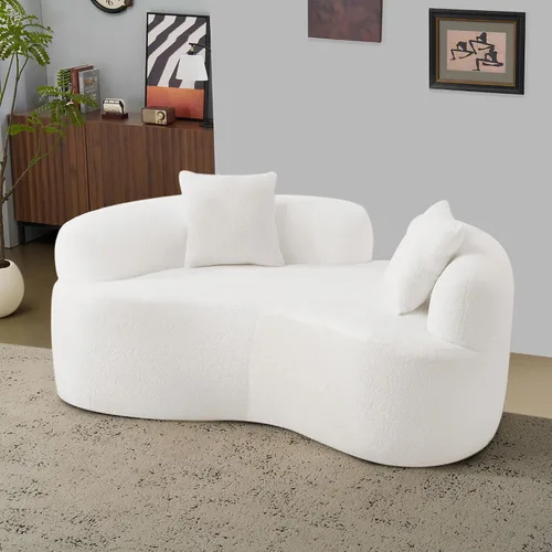 Vista 15 de Sofá biplaza curvado moderno de 67 pulgadas, sofá tapizado de terciopelo de peluche, cómodo sofá comprimido con 2 almohadas para espacios pequeños