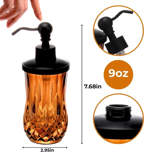 Vista 7 de Dispensador de jabón de vidrio ámbar de 9 onzas con bomba de aleación de zinc negro mate, vidrio de corte grueso sin plomo, dispensadores de jabón