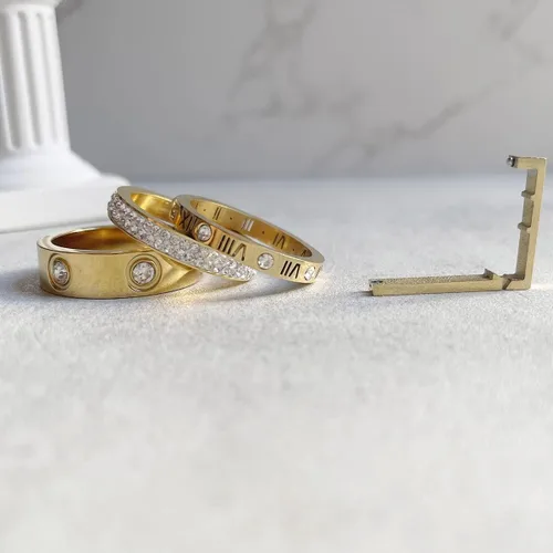 Vista 3 de Love Friendship - Juego de anillos de oro para mujer, chapados en oro de 18 quilates, acero de titanio, delicados anillos de circonita cúbica