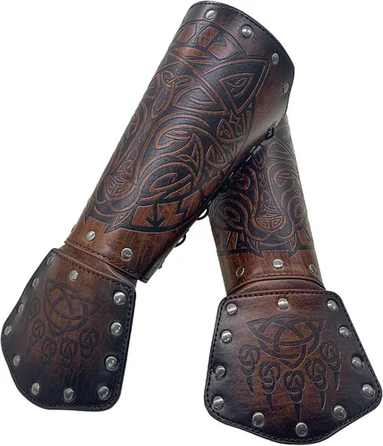 Vista 3 de JAOYU Brazaletes de cuero para hombre, armadura de brazo, brazalete de guantelete, brazaletes medievales, joyería vikinga para mujer, disfraz