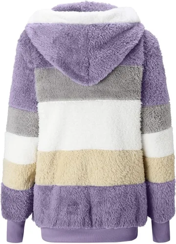 Vista 5 de Chaqueta de forro polar para mujer, mullida, sherpa, a la moda, casual, holgada, de felpa, a rayas, con capucha, abrigo