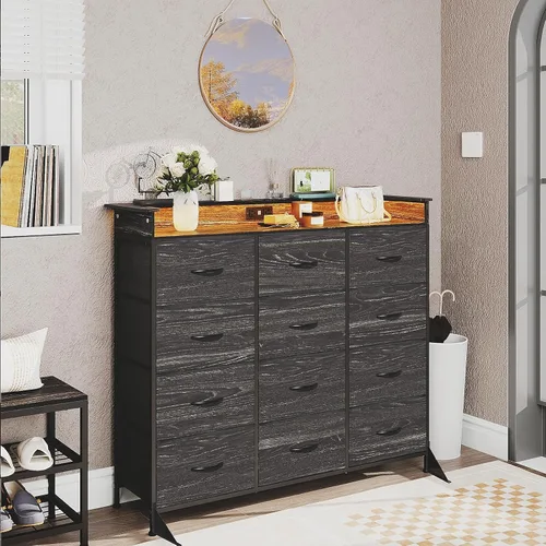 Vista 8 de Cómoda negra con luz LED, 12 cajones con estación de carga, cómoda para dormitorio con 12 cajones de tela para dormitorio, pasillo, entrada