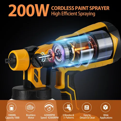 Vista 2 de Pulverizador de pintura inalámbrico para pintura de casa con 2 baterías de 4.0 Ah, pistola de pintura en aerosol HVLP con 5 puntas de pulverización