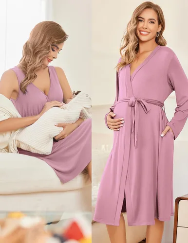 Vista 4 de Ekouaer Conjunto de bata y bata de maternidad para mujer, camisón de lactancia para el parto, ropa de embarazo, S-XXL