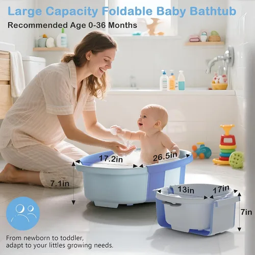 Vista 3 de Bañera Plegable para Bebé - Bañera Grande para Bebé con Termómetro y Cojín Bañera Portátil de Viaje para Recién Nacidos e Infantes Bañera Azul