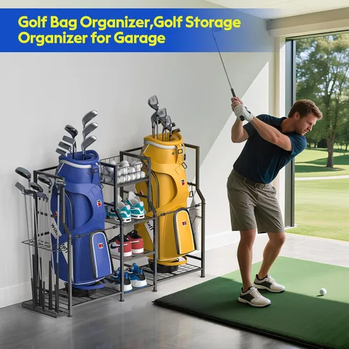Vista 2 de samstar Organizador de garaje de almacenamiento de golf, soporte de almacenamiento para bolsas de golf, 2 bolsas de golf y accesorios para equipos