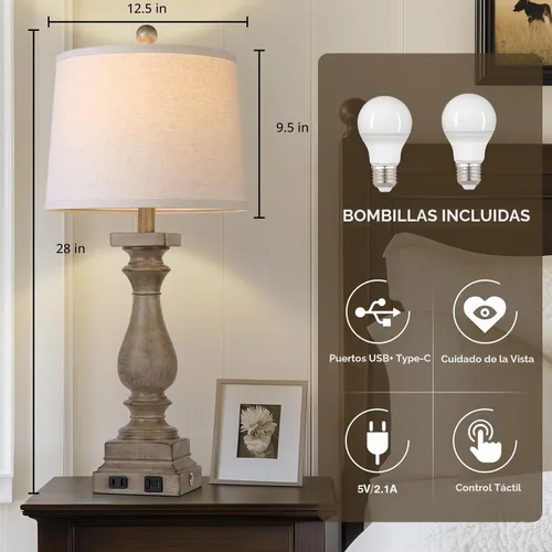 Vista 4 de Lámpara de Mesa de Granja de 28 Pulgadas de Alto con Puertos USB C+A y Salida de CA, Control Táctil de 3 Vías, Lámpara de Noche Rústica