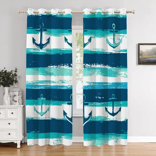 Vista 35 de Maritime Ocean Blackout Tier Curtains, Anchors Nautical Art Half Window Drapes for Kitchen with Rod Pocket,Room Darkening 2 Pack 26X24 Inches