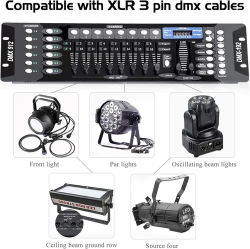Vista 3 de Controlador DMX para luces dj Dmx512 Controladores de luz Placa DMX de 192 canales con cables 2m / 6.6 ft/6.6 pies Dmx-512 Consola de iluminación