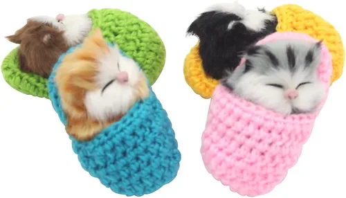 Vista 4 de 4 piezas de gato dormido en zapatilla de juguete, mini gatito en zapato con sonidos de maullidos decoración de mano juguete de regalo para niños