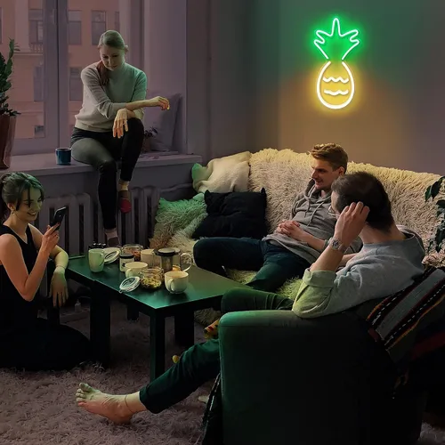 Vista 4 de Lumoonosity Luz de neón de piña, letreros de neón amarillos y verdes para dormitorio, decoraciones de pared, luz nocturna LED de piña