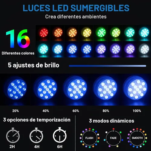 Vista 2 de LOFTEK Luces LED sumergibles con control remoto, 13 luces LED de piscina para piscinas enterradas y sobre el suelo con imanes y ventosas, 16 luces