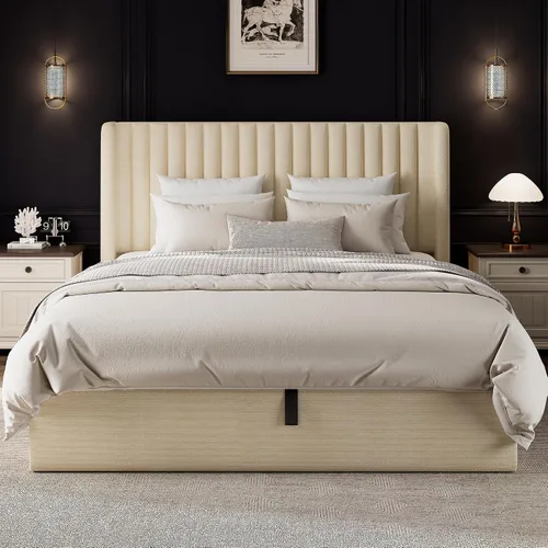 Vista 9 de Einhomn Cama de almacenamiento elevable de tamaño completo con cabecera de ala, marco de cama tapizado de lino con soporte de listones de madera