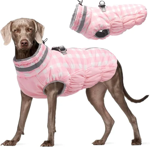 Vista 15 de Abrigo para perro, chaqueta cálida de invierno, acolchada, de vellón, chaleco reflectante con arnés, chaqueta de nieve impermeable con cremallera, a