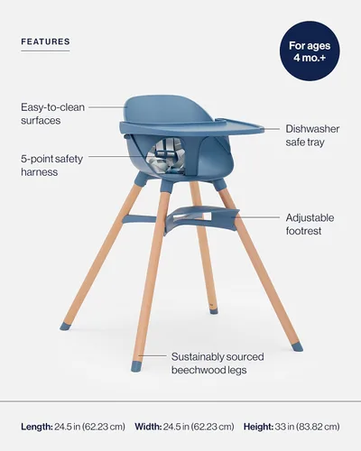 Vista 3 de Lalo The Chair Silla alta convertible 3 en 1 para bebés y niños pequeños, bandeja apta para lavavajillas, reposapiés ajustable, arándano