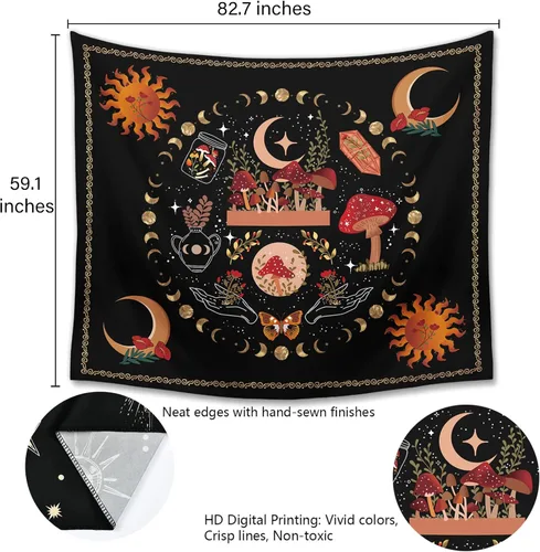 Vista 3 de Ftuency Tapiz de hongos y plantas naturales, tapices de fase lunar, decoración de flores estéticas para colgar en la pared para dormitorio, hogar
