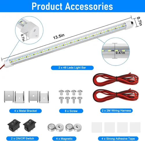 Vista 6 de Linkstyle 2PCS Barra de Luz LED Interior de 12V, Tira de Luz Delgada de 48 LEDs con Interruptor, Lámpara de Iluminación Blanca de 6500K