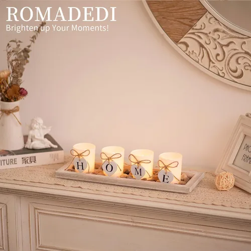 Vista 3 de Romadedi Portavelas Decorativo de Centro de Mesa Estilo Granja - Bandeja de Madera Rústica con 4 Portavelas de Vidrio para Velas de Té para Mesa