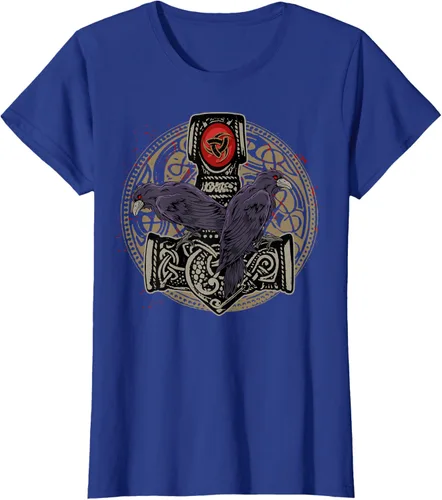 Vista 43 de Thors Hammer Mjolnir Huginn and Muninn Odin Raven - Camiseta, Negro, S