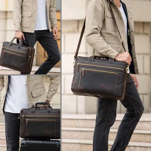 Vista 2 de TIDING Maletín de cuero genuino de 17 pulgadas para portátil de mensajero para hombres de negocios de viaje bolsa de hombro