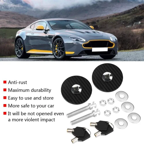 Vista 2 de Kit de pasador de capó para coche, universal, fibra de carbono, estilo de motor, cubierta de capó, bloqueo de llave, kit de liberación rápida