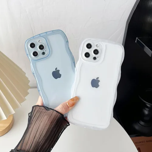 Vista 3 de Caseative Funda para iPhone 12 Pro Max, funda de color sólido con marco ondulado rizado transparente, suave (negro, 12 Pro Max) Solid Color Curly