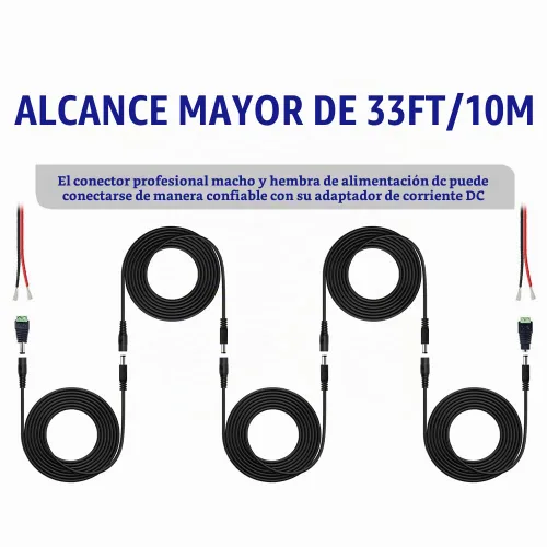 Vista 3 de 4 cables de extensión de alimentación de 12 V CC de 33 pies (32.8 ft) con conectores adaptadores de conector de alimentación (2 machos + 2 hembra)