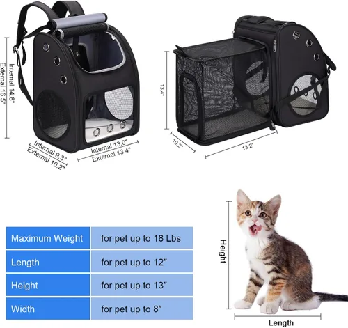 Vista 2 de Mochila transportadora para gatos, mochila expandible para gatos y mascotas pequeñas, diseño transpirable súper ventilado, mochila de viaje portátil