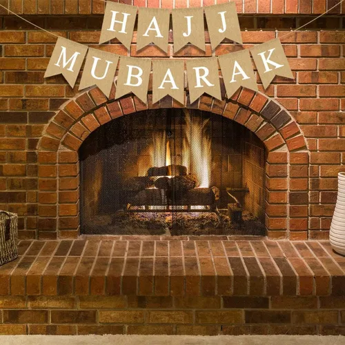 Vista 2 de Yute arpillera Hajj Mubarak Banner Mantel Chimenea Fiesta Guirnalda Decoración
