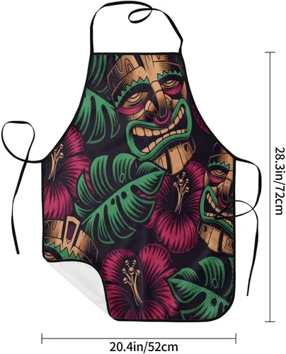 Vista 6 de Tiki - Delantales impermeables para chef, delantales para mujeres, hombres, cocina, cocina, hornear, jardinería, barbacoa, Tiki Máscaras y Flores