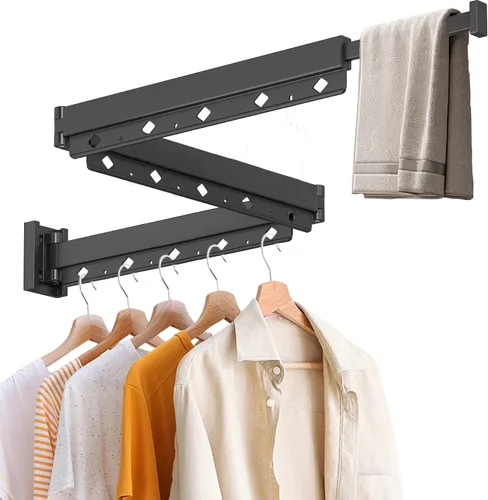 Vista 11 de Estante de Secado de Ropa, Tendedero de Ropa Retráctil y Plegable para Montaje en Pared para Interior, Estante de Colgar Ropa Ahorrador de Espacio