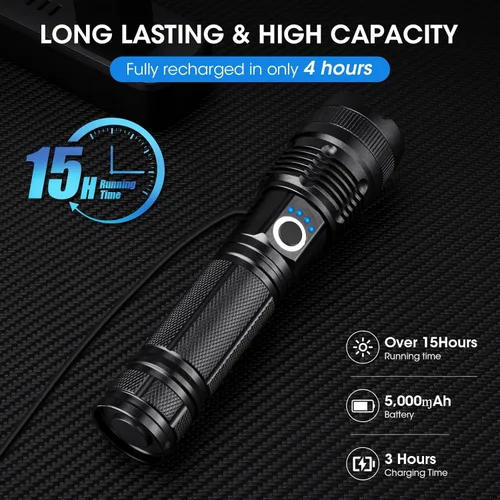 Vista 3 de Linterna recargable de 99,000 lúmenes de alta luminosidad - Pack de 2 luces LED brillantes con 5 modos, potente linterna impermeable de mano