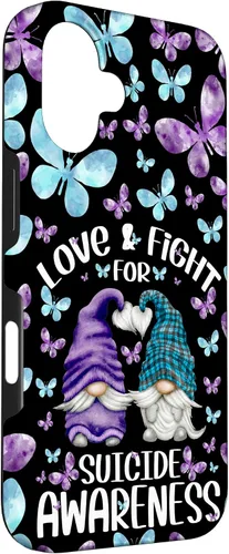 Vista 3 de iPhone 16 Purple Gnome With Cute Butterfly Pattern Suicide Awareness Case