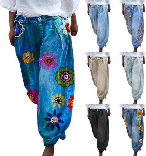Vista 3 de GOKKILRW Pantalones de mezclilla holgados para mujer, estilo harén, pierna ancha, estampado floral, holgado, hawaiano, hippie, Y2K, pantalones