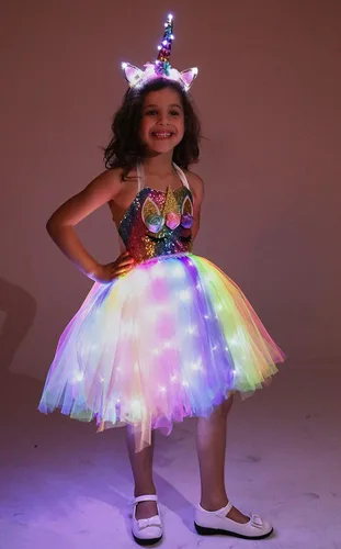 Vista 4 de Disfraz de princesa de unicornio para niñas disfraz de fiesta de cumpleaños con luz LED vestido de tutú de Halloween con diadema
