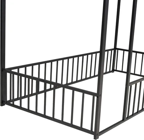 Vista 8 de HAUSHECK Montessori Cama para niños pequeños, cama de piso tamaño individual para niños y niñas, camas Montessori con rieles y techo, marco de cama