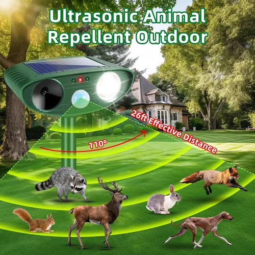 Vista 2 de Repelente ultrasónico para gatos actualizado 2026 para exteriores con luz estroboscópica, repelente de zorrillas de ciervos y ardillas para patio
