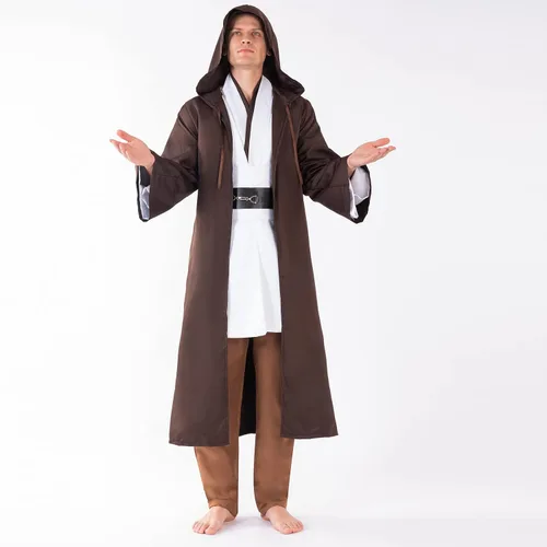 Vista 3 de Disfraz de caballero para hombre, bata de Luke Skywalker para juego de rol, trajes de capa de maestro, túnica con capucha, conjuntos completos