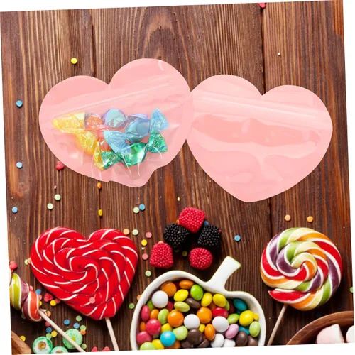 Vista 7 de Mobestech Bolsas de baratija en forma de corazón, 50 unidades, bolsas de plástico con forma de corazón pequeño, autoadhesivas, almacenamiento